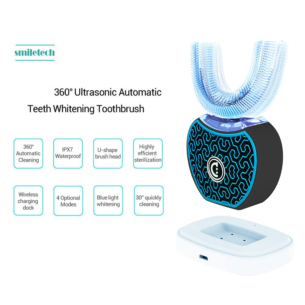 smiletech Automatic Toothbrush,Sonic Glow Toothbrush Teeth Whitening Kit,Sonic Brush,Equipped with Two Replacement Brush Heads (Black-Blue)