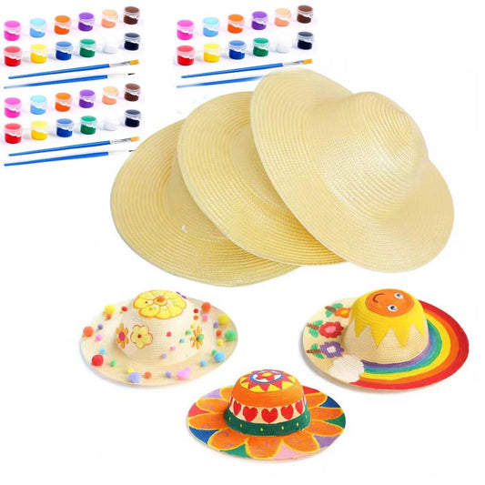 Cumuiu DIY Straw Hat Craft Painting Hats Handmade Hat Tea Party Hats Cap Beach Sun Hat Art Painting Hat with Paints & Brush (US, Age, 3 Years, 5 Years, 10)