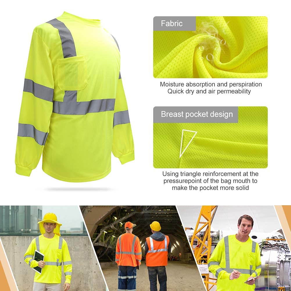 A-SAFETY Long Sleeve Safety Shirts for Men 3 Pack (Yellow X-Large)