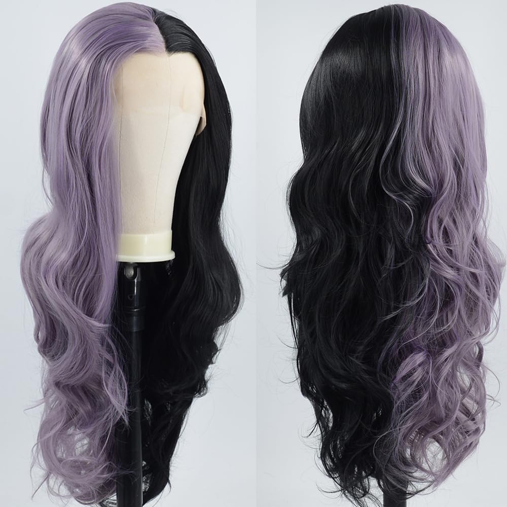 ZHYWIGS Synthetic Lace Front Wigs Long Highlight Purple Black Split Hair Heat Resistant Half Black Purple Side Part 24Inch Long Party Wigs
