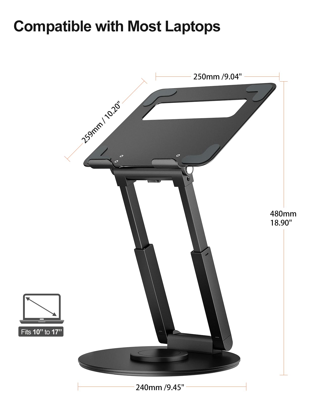 tounee Telescopic Laptop Stand for Desk with 360° Swivel Base, Sit to Stand, Height Adjustable, Portable Riser Holder for Good Posture, Compatible with MacBook Pro, All Laptops 10-17" - Black