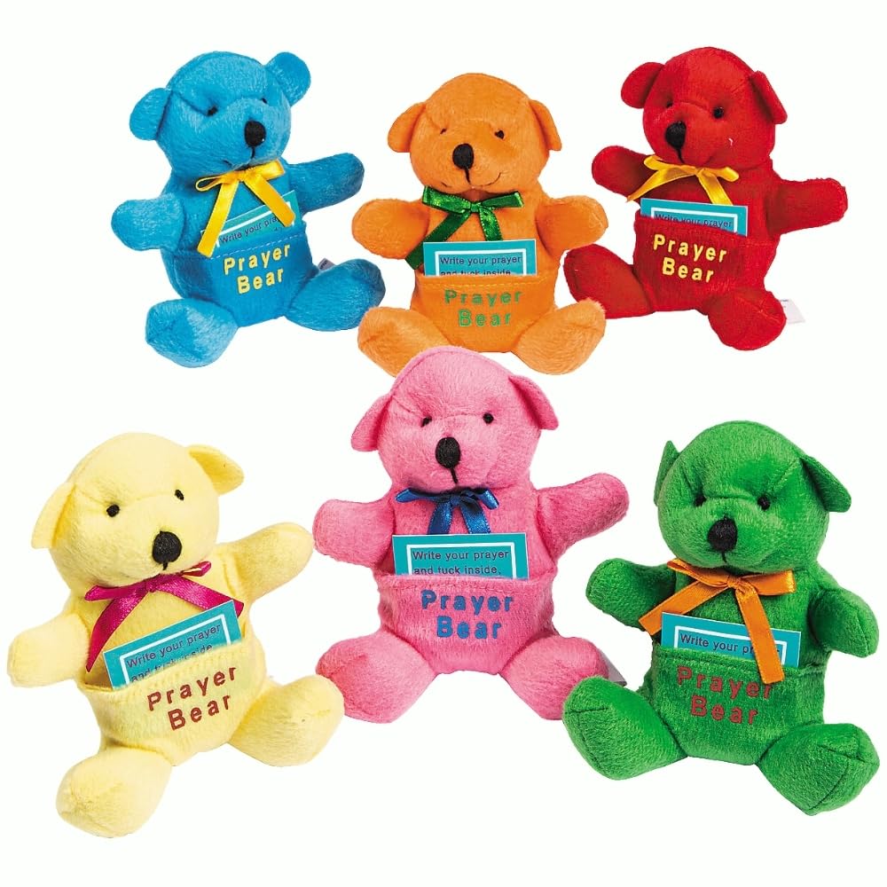 Fun Express Prayer Bear Christian Gifts for Kids - 12 Pack Small Teddy Bears with Prayer Cards | Religious Toys for Sunday School, VBS & Easter Party Favors | Plush Stuffed Animals for Boys & Girls