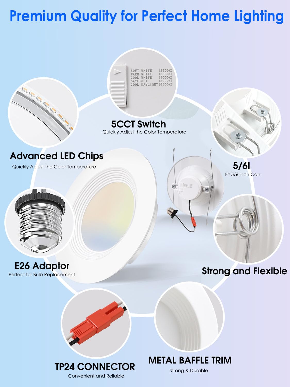 12 Pack 5/6 Inch 5CCT LED Recessed Downlight, Can Lights with Baffle Trim, Wet Rated, E26 Base, 10.5W=85W, CRI 90, Dimmable, Simple Retrofit Installation, Energy Star & ETL Listed