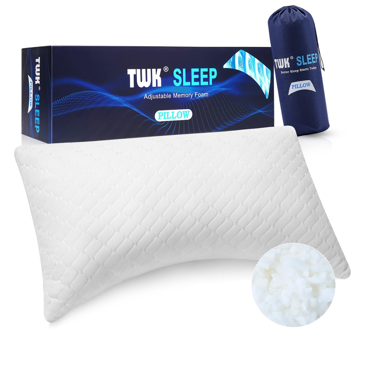 TWK Original Adjustable Bed Pillow for Sleeping, Good for Side, Back & Stomach Sleeper with Washable Removable Cover, Additional Foam Fill Included（(White, Queen Size (1 Pack))）