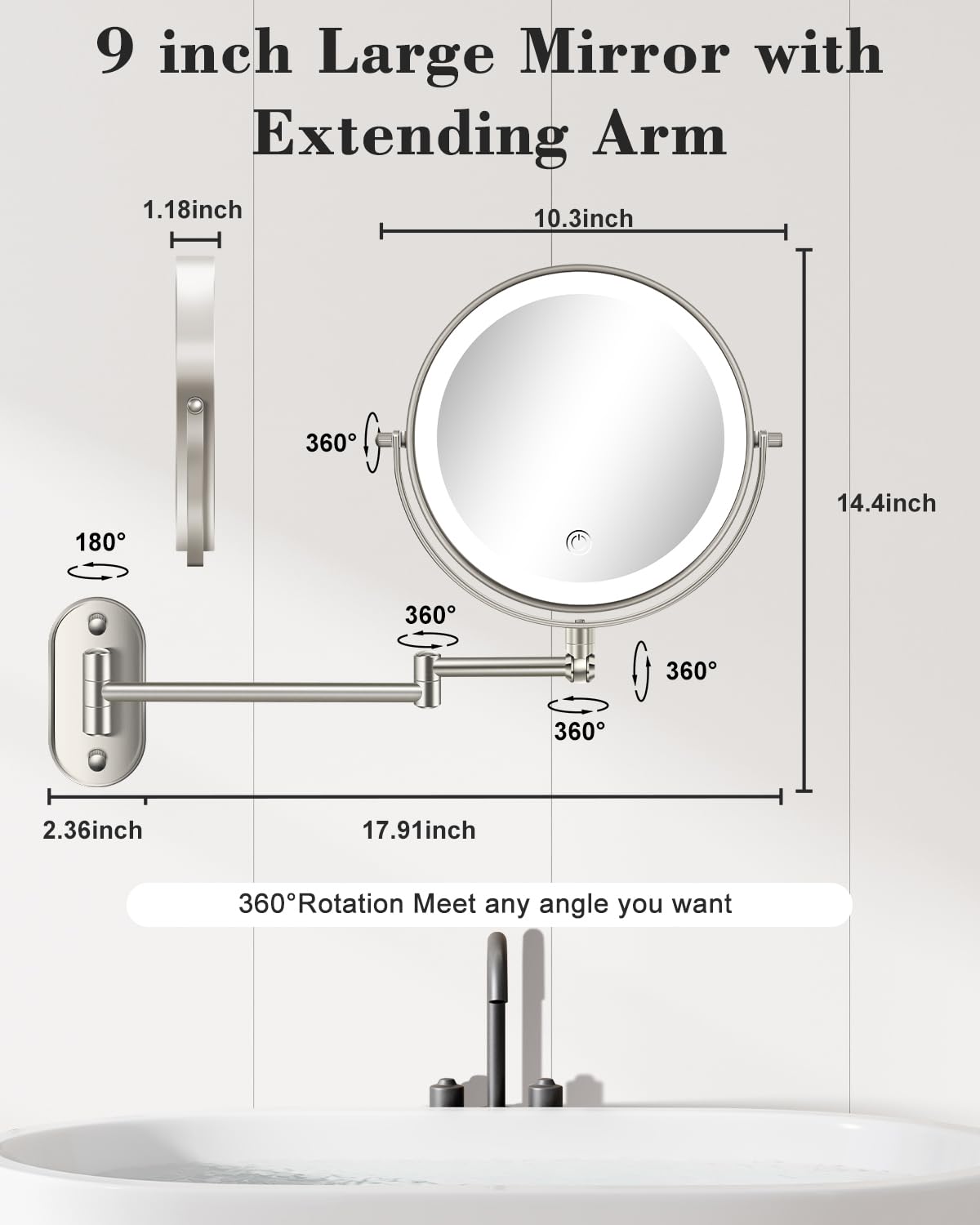 9'' 30X/1X Wall Mounted Lighted Makeup Mirror, Height Adjustable Double Sided 5000mAh Rechargeable Magnifying Bathroom Mirror with Light, 3 Color Modes Touch Dimmable Extended Arm 360 Rotation