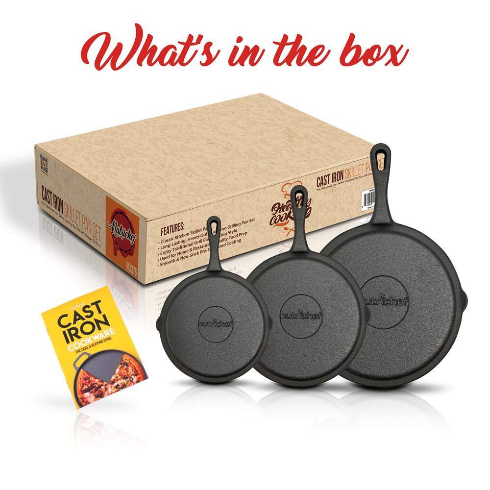 NutriChef Pre-Seasoned Cast Iron Skillets - 3 Pieces Cast Iron Cookware Set w/Drip Spout and Scraper - Compatible with Induction, Electric Stovetop, Gas, & Ceramic - NCCI76