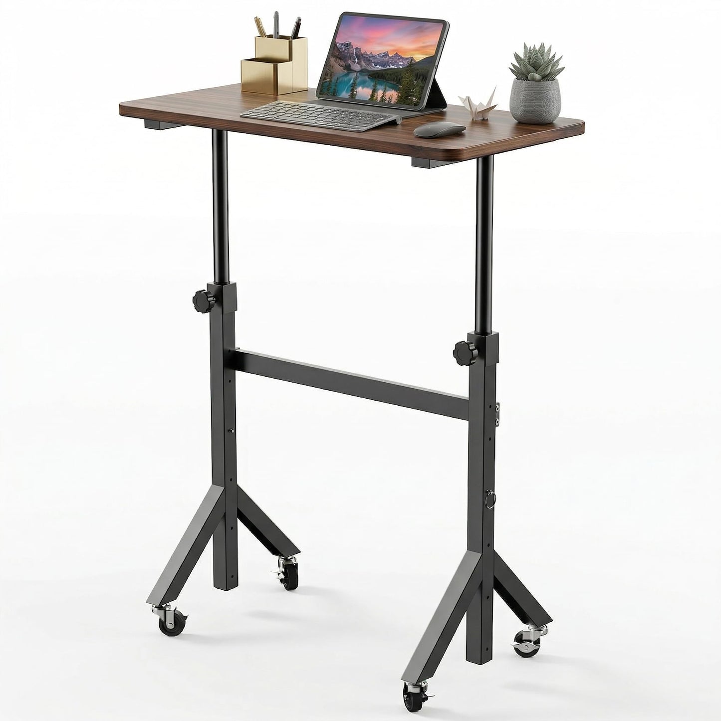 HUANUO 32'' Small Standing Desk Adjustable Heigh, Mobile Stand Up Desk with Wheels, Portable Rolling Desks for Walking Pad and Treadmill, Computer Laptop Desks for Home Office Space,Walnut