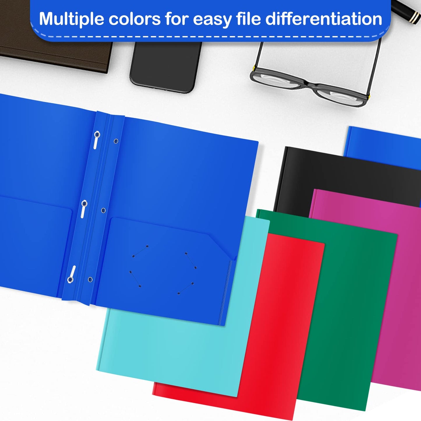 Heavy Duty Plastic Folder, 60 Pack, Pocket Folder with brads, Letter Size Poly File, Plastic Folders with 3 Prongs Fasteners - Blue