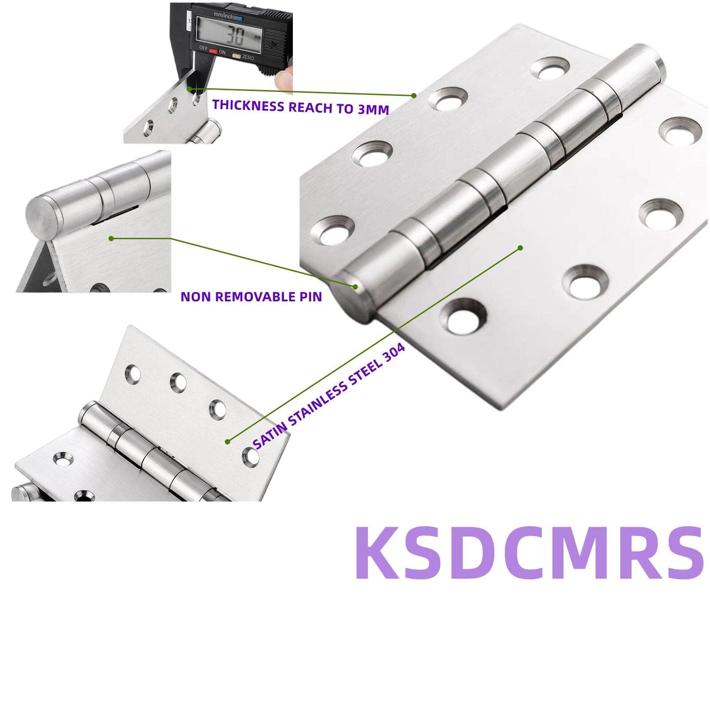 4in Stainless Steel Door Hinges, 4" x 4 inch Heavy Duty SS 304 for Salty Residential Environment Exterior and Interior Doors Security Swing,Non Removable Pin with Square Corner-4 Pack (4, Silver)