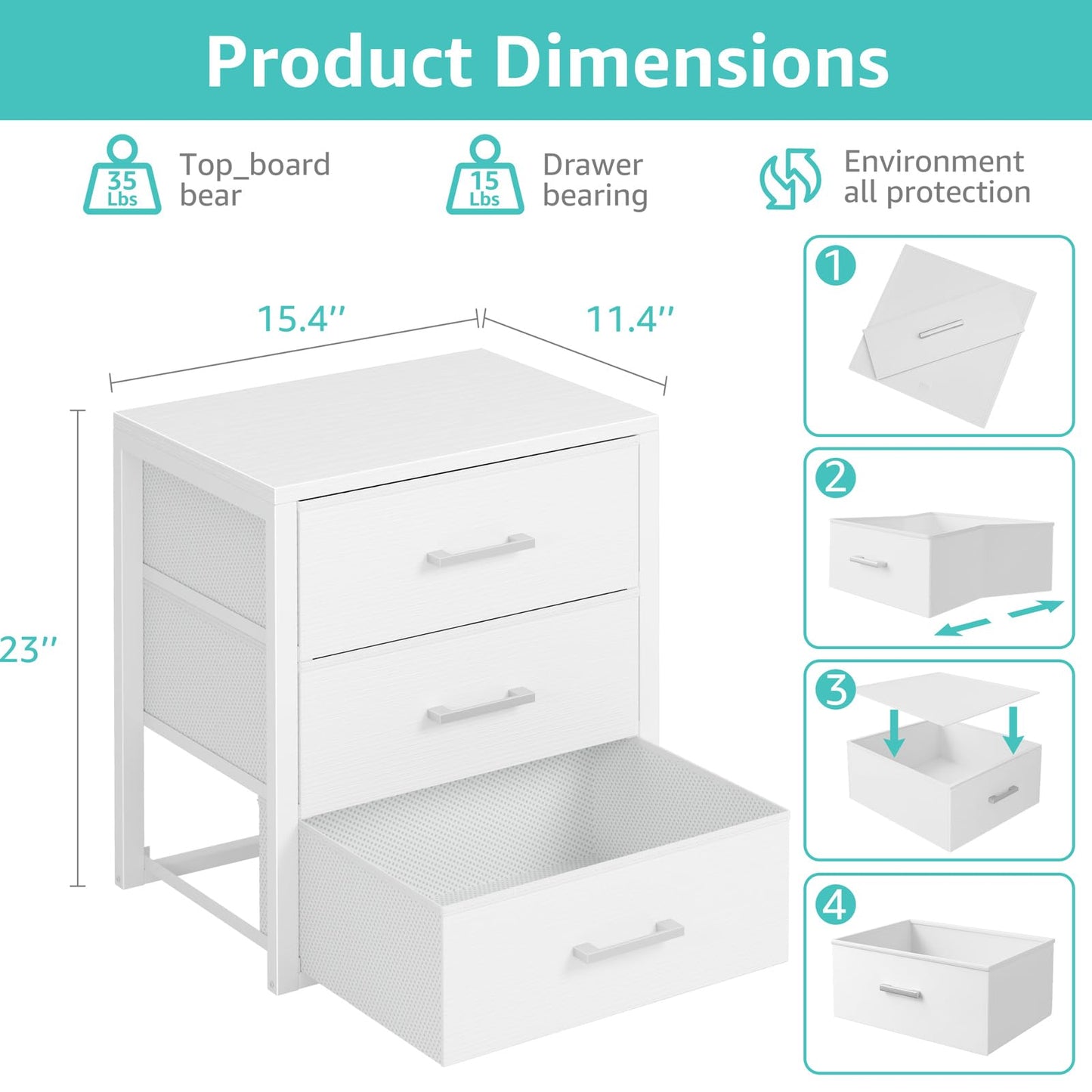 BOLUO Closet Drawers White Fabric 3 Drawer Small Dresser for Closet Organizers and Storage Bedroom Dorm Modern