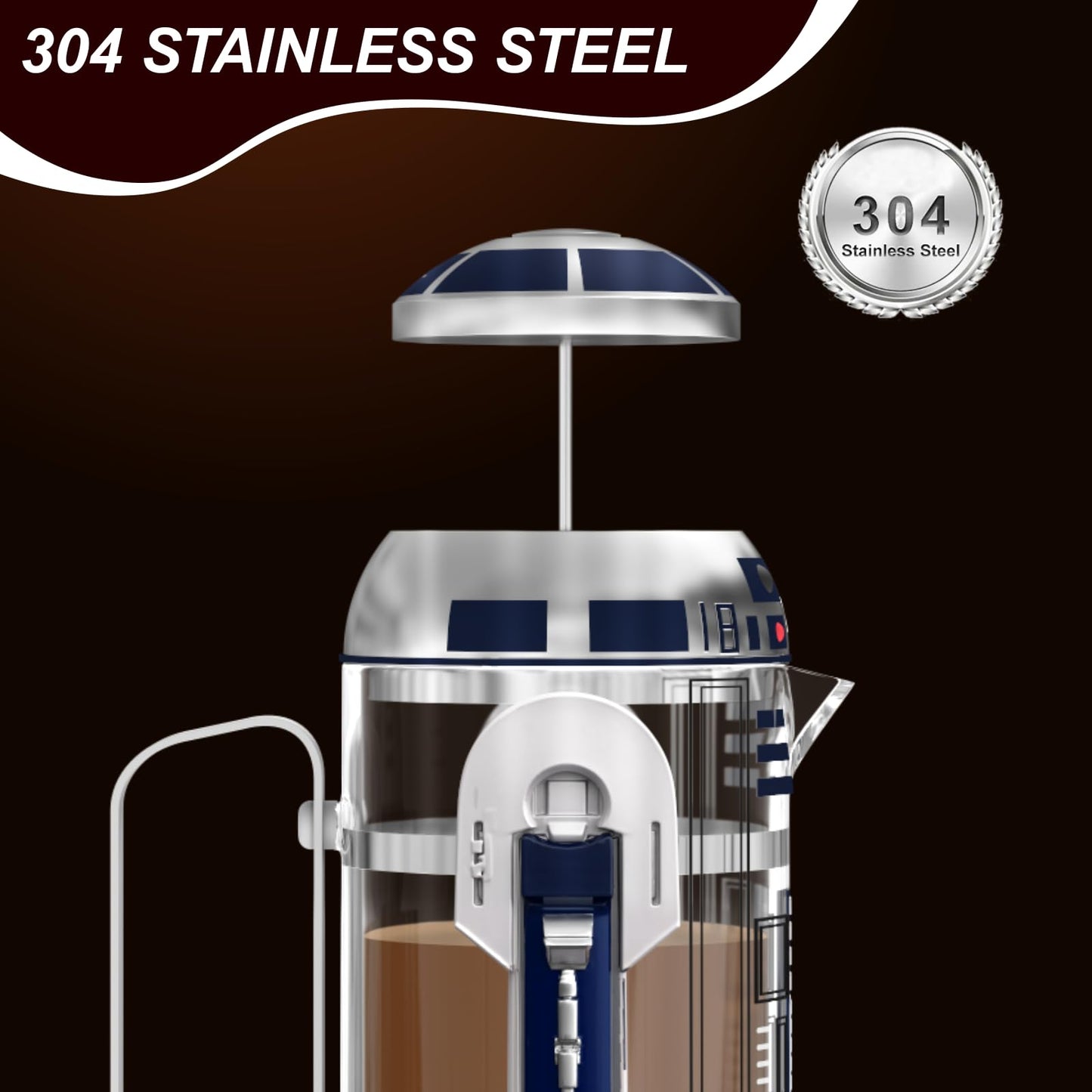 TEENKON French Press Insulated 304 Stainless Steel Coffee Maker, 32 Oz Robot R2D2 Hand Home Coffee Presser, with Filter Screen for Brew Coffee and Tea (White)