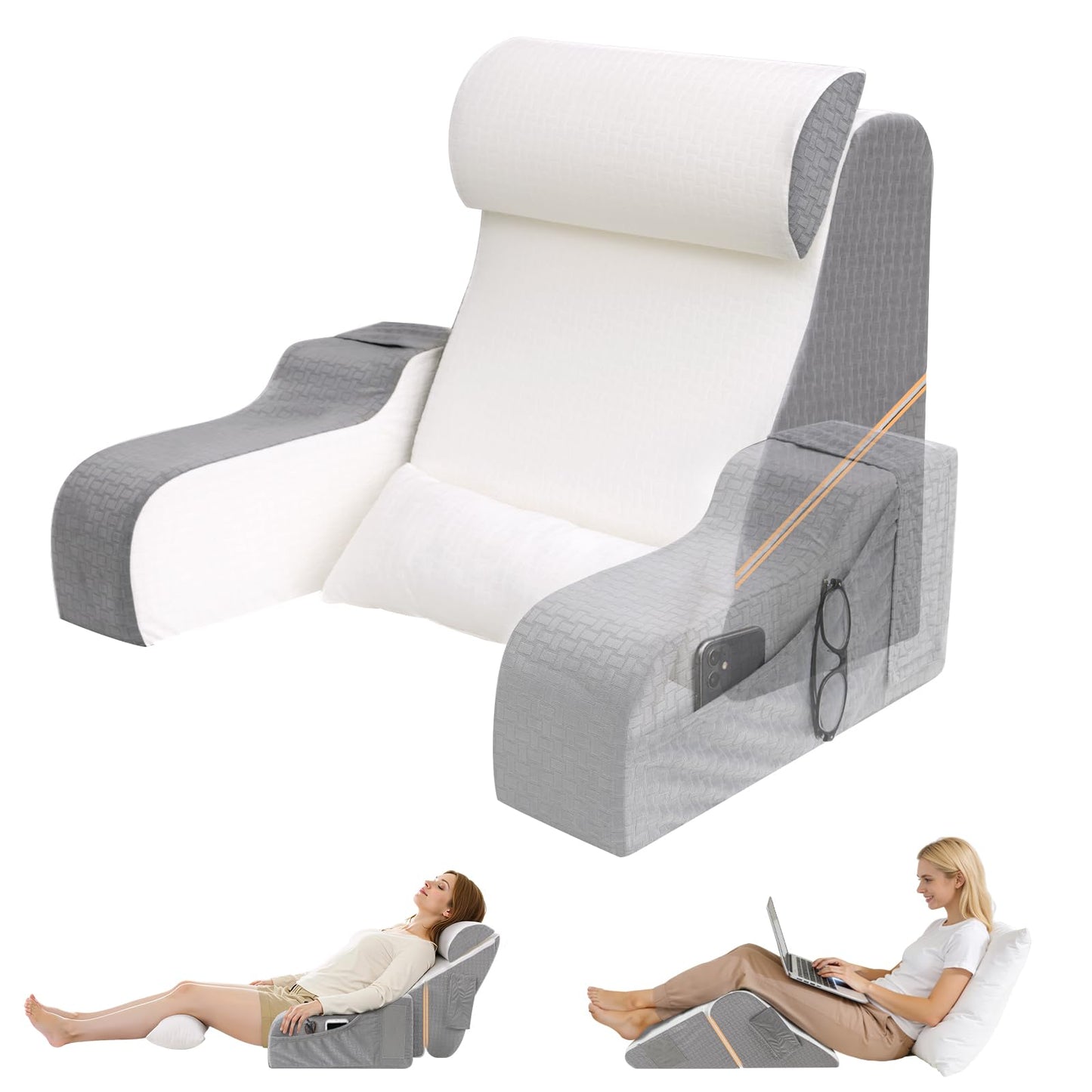 ESUERDO 5PCS Reading Pillow for Sitting in Bed Adult, 2 in 1 Foldable Back Wedge Pillow for Sleep, Ergonomic Back Support Pillow with Arms for Watching TV, Gaming, Working, Recovery, 19” White/Grey