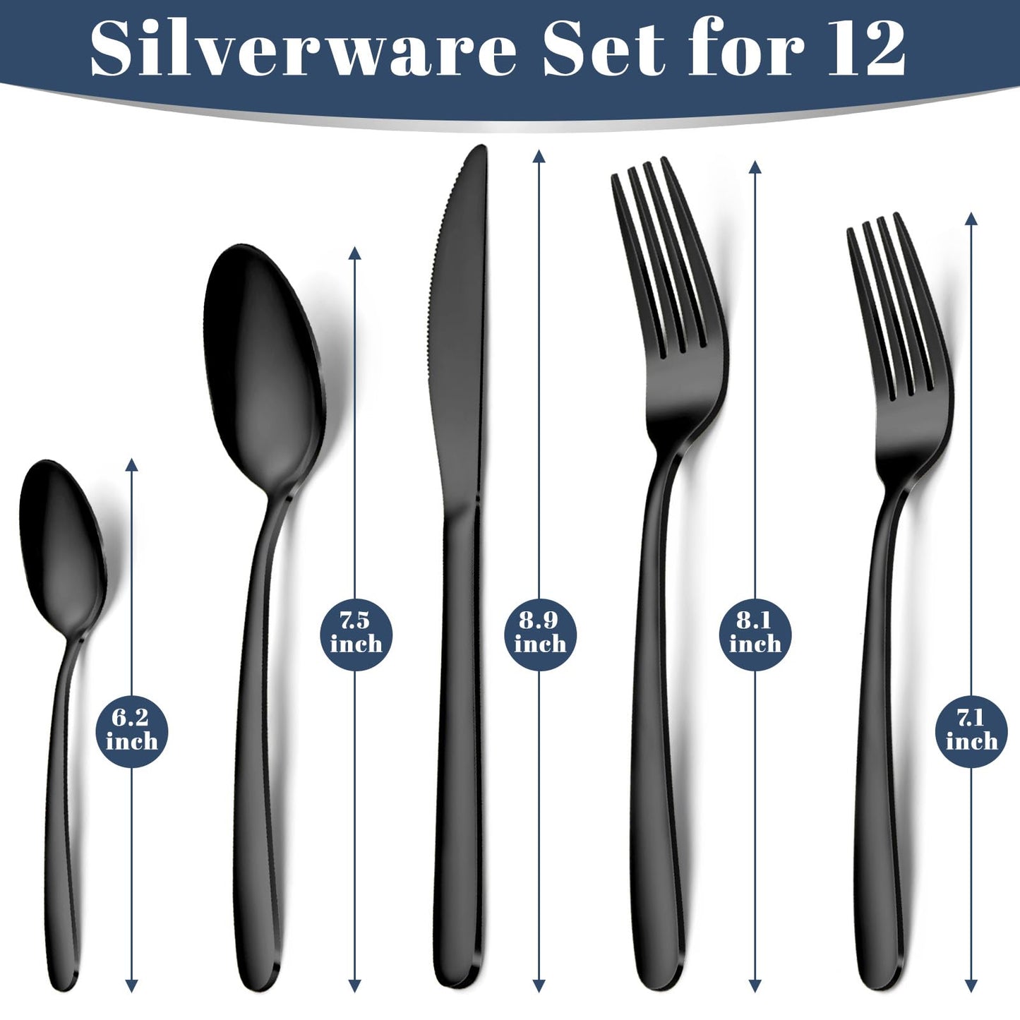 Hunnycook 60-Piece Black Silverware Set - Service for 12, Includes Forks Spoons and Knives, Utensil Sets for Home Kitchen Restaurant, Dishwasher Safe