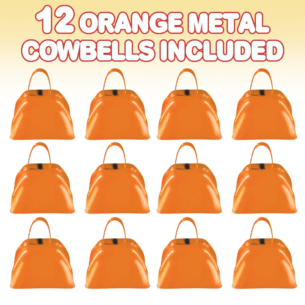 ArtCreativity 3 Inch Orange Metal Cowbell Noisemakers - Pack of 12 - Loud Metal Cowbell Noise Makers with Handles, Great for Football Games, Sporting Events, New Year’s Eve, for Kids and Adults