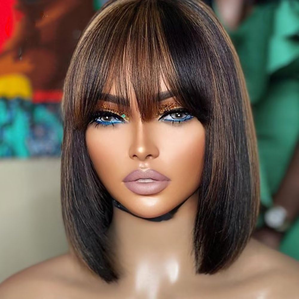 QuinluxWigs Short Bob Human Hair Highlight Wigs with Bangs Ombre 1B/30 Color 13X4 HD Transparent Lace Front Wigs Brazilian Human Hair 10 inch Glueless Wigs for Black Woman 150% Density Bangs Wig