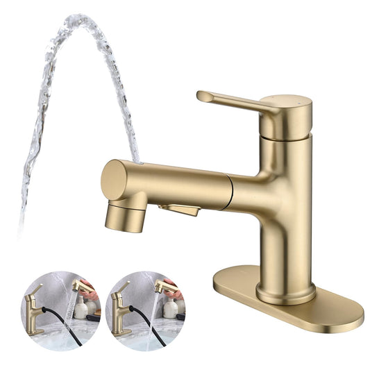 Besfelos Bathroom Sink Faucet with Pull Out Sprayer, Single Handle Modern Bathroom Basin Faucet with Pop-up Sink Drain Stopper & Deck Plate 1 or 4-inch Centerset 3 Hole, Gold