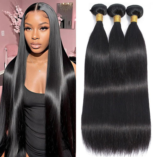 10A Straight Bundles Human Hair 16 18 20 Inch Brazilian Straight Human Hair Bundles 100% Unprocessed Virgin Weave 3 Bundles Deal Natural Black Color