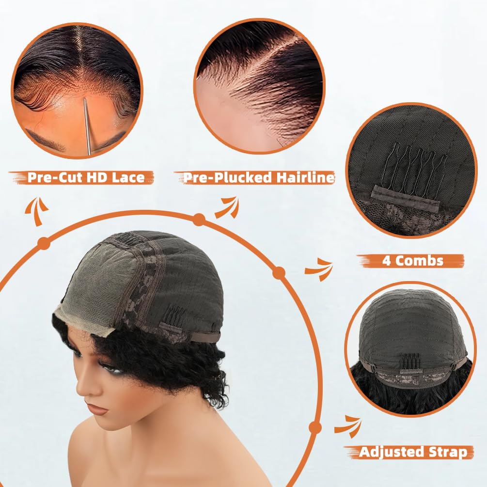 Glueless Wigs Human Hair Pre Plucked Pre Cut, Short Curly Deep Wave Lace Front Wigs Human Hair, 180% Density Wear and Go Glueless Bob Wig Human Hair for Women 10 Inch Natural Black