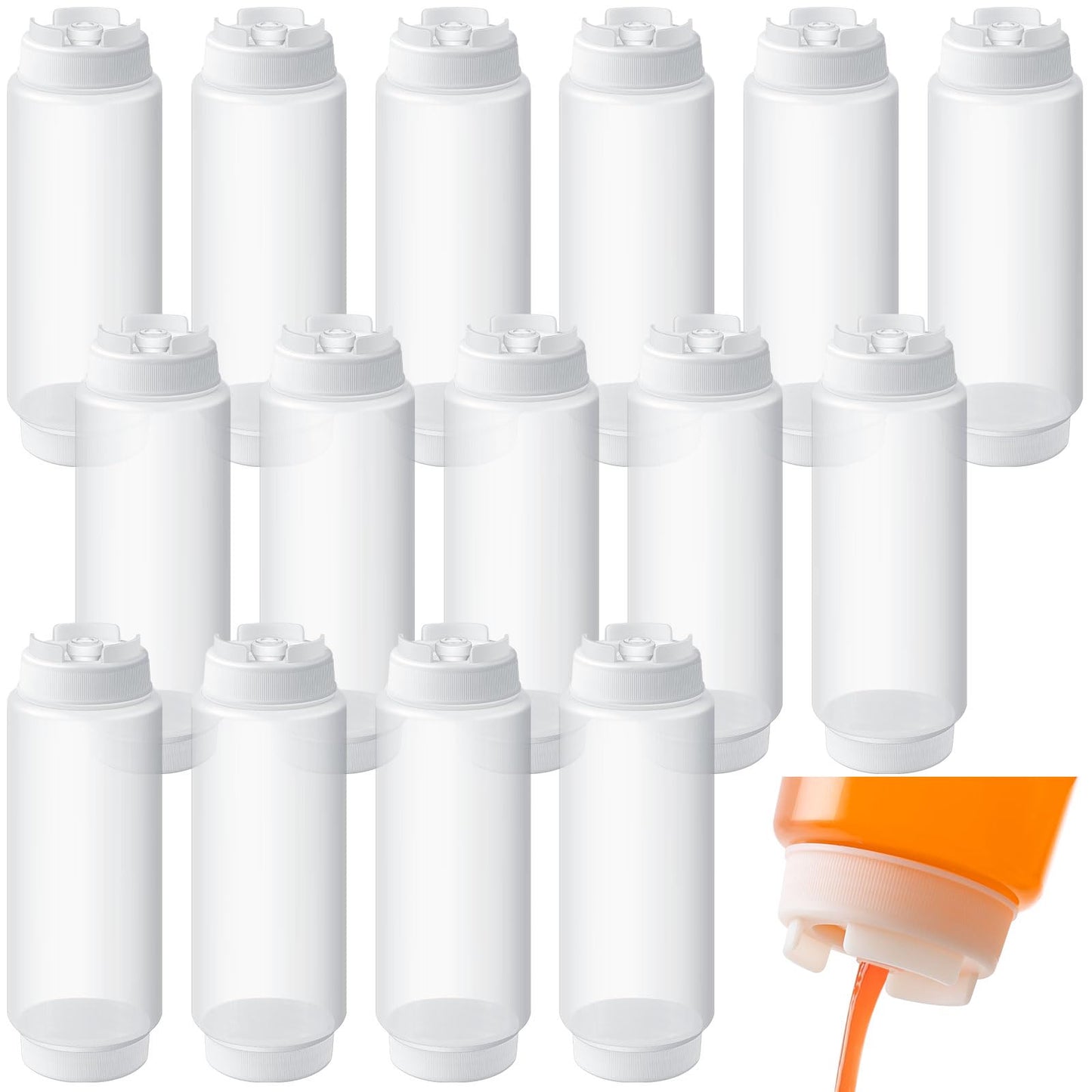 Singhoow 16 Pcs 32 oz Condiment Squeeze Bottles Restaurant Plastic Sauces Squeeze Ketchup Dispenser Inverted Refillable Large Clear Dressing Bottles for Restaurant Kitchen Catering