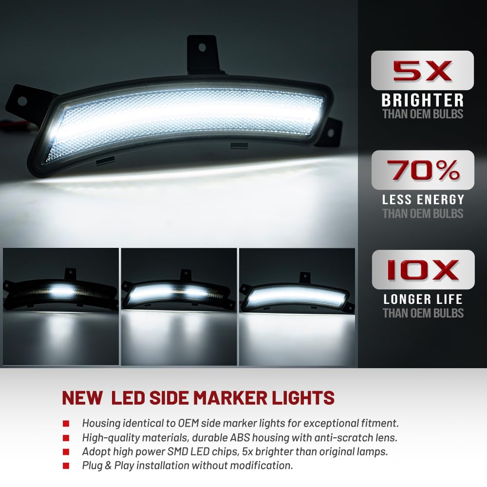 NJSBYL 2pcs Yukon LED Side Marker Light Fit 2025 2026 Chevy Tahoe GMC Yukon XL Suburban Front Bumper Fender Sidemarker Lamp Xenon White Escalade ESV Full LED Turn Signal Light Kit Smoke Lens Assembly