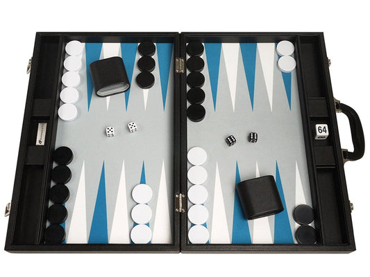 19-inch Premium Backgammon Set - Large Size - Black with White and Astral Blue Points
