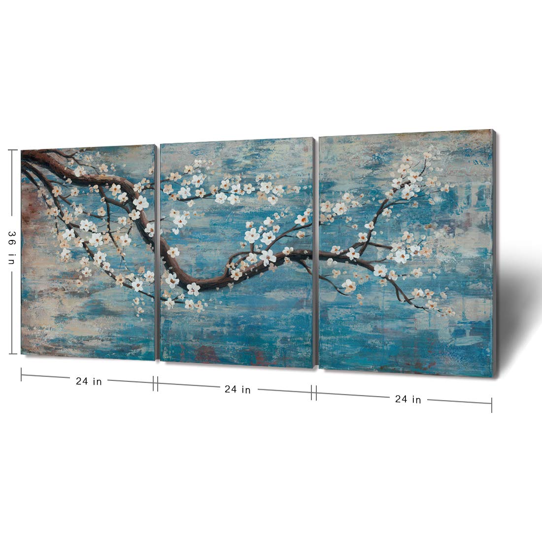 amatop Extra Large Wall Art for Living Room 100% Hand-Painted Framed Decorative Plum Floral Oil Painting Set Decorative Modern Blue Tree Artwork Ready to Hang