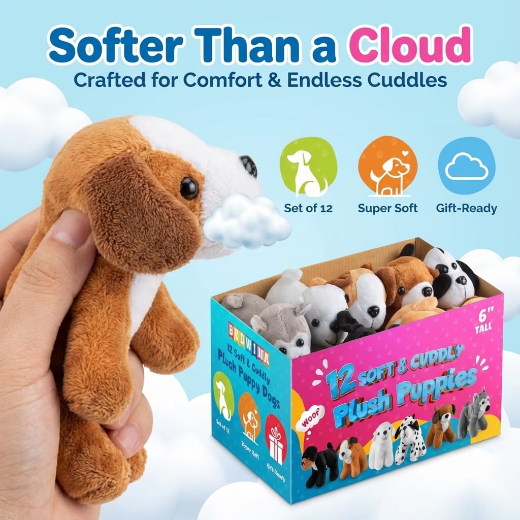 Bedwina Plush Puppy Dogs - (Pack of 12) 6 Inches Tall Stuffed Animals Bulk Assorted Puppies and Cute Stuffed Plushed Dog Puppies Assortment, Stocking Stuffers
