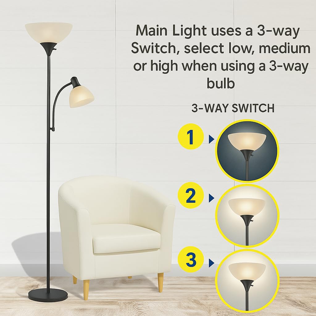 Adjustable Black Floor Lamp with Reading Light, Tall Lamp for Living Room, Bedroom, Office, Susan 72" Standing Lamps for Living Room, Corner Light, Stand Lamp, Floor Lamps for Living Room Modern