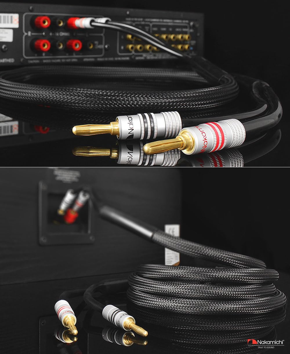 Nakamichi Excel Series 24k Gold Plated Banana Plug with (10 Feet) Speaker Cable Wire 99.9% Oxygen-Free Copper (OFC) Heavy Duty Braided in-Wall CL2 Rated - Black (12AWG / 10ft / 3.0m) 2-Pack