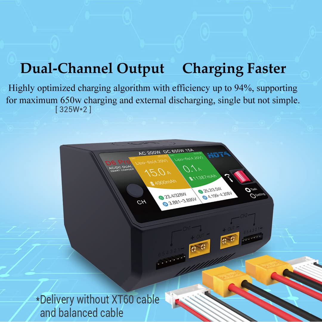 Alaohu HOTA D6 Pro Lipo Battery Charger AC/DC Dual Channel Smart Charger AC200W / DC650W (325W*2) 15A Balance Charger for RC Lipo LiHv Nicd NiMH Battery Charging RC Car RC Boat FPV Race Drone Parts