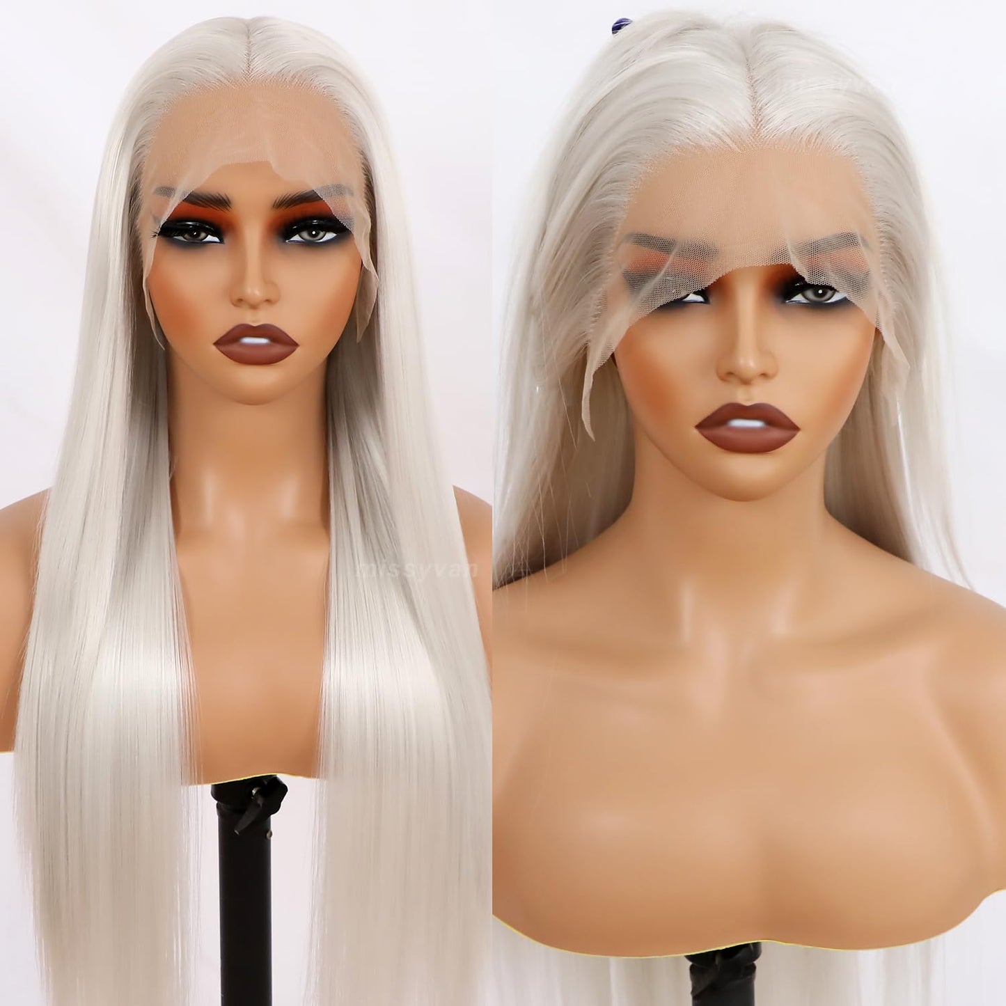 Missyvan White Hair Color Lace Front Wig Long Straight Hair Wigs Platinum Blonde Heat Resistant Fiber Hair Synthetic Lace Front Wigs for Fashion Women