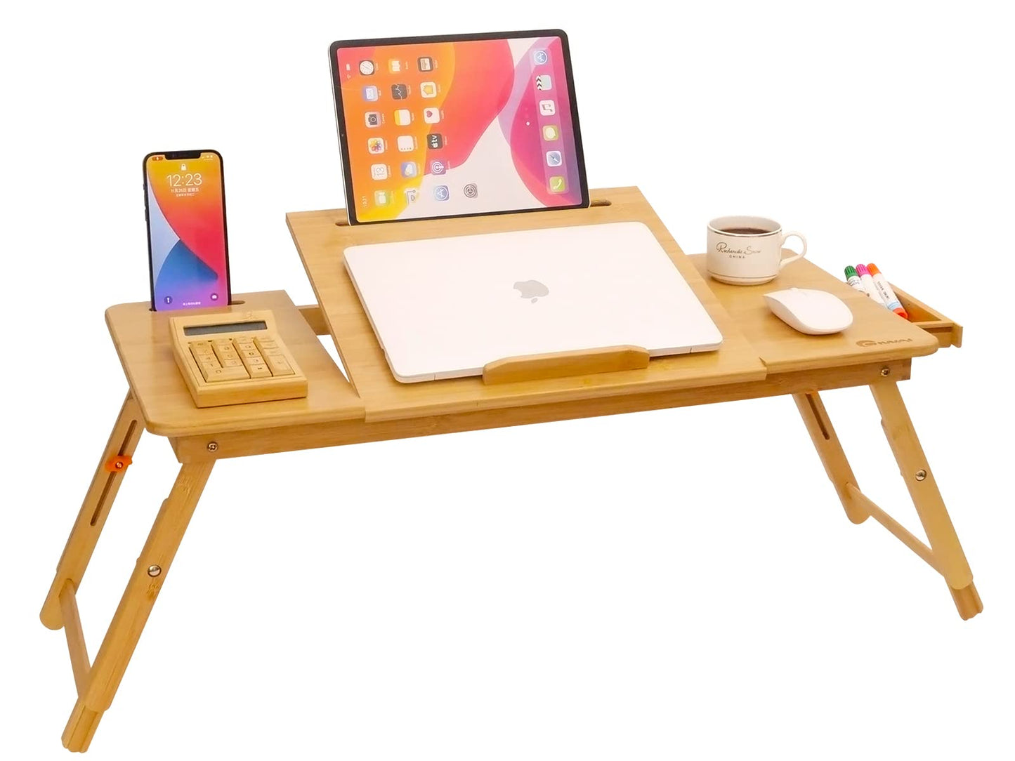 Lap Desk COIWAI Laptop Table Bamboo Writing Eating Bed Tray Adjustable Angle Height Foldable Desk Tray with Tablet Slot Drawer Breakfast Coffee Tea Table for Sofa Couch Floor Large Size