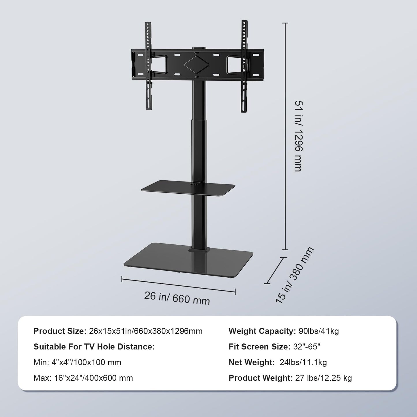 VEVOR TV Stand Mount, Adjustable Swivel Floor Stand for 32-65 Inch TVs, Portable with Tempered Glass Base, Height Adjustable for Living Room or Bedroom