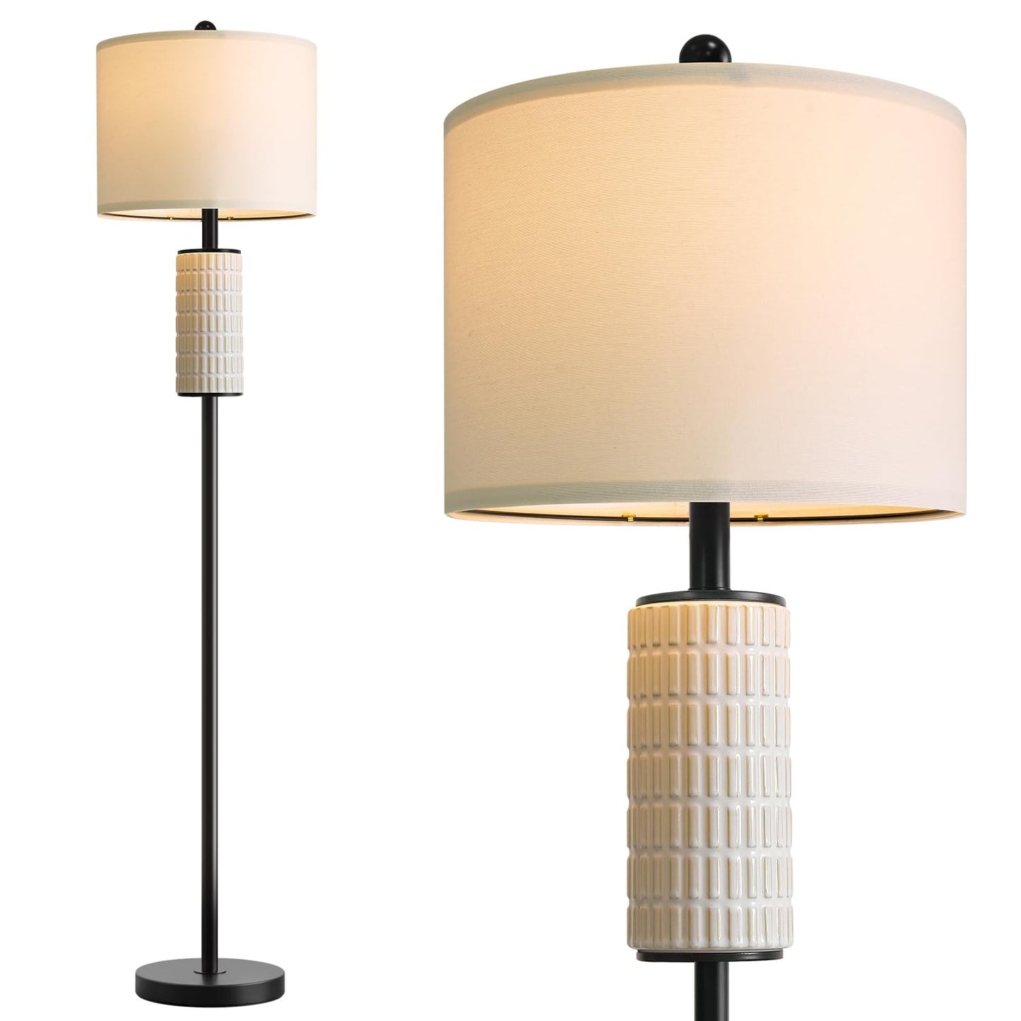 PoKat Farmhouse Floor Lamp for Living Room with Ceramic, 64" Black Standing Lamps for Living Room Corner, Modern Tall Floor Lamps for Bedroom, Sofa, Reading Nock, Rotary Switch, Matte Black