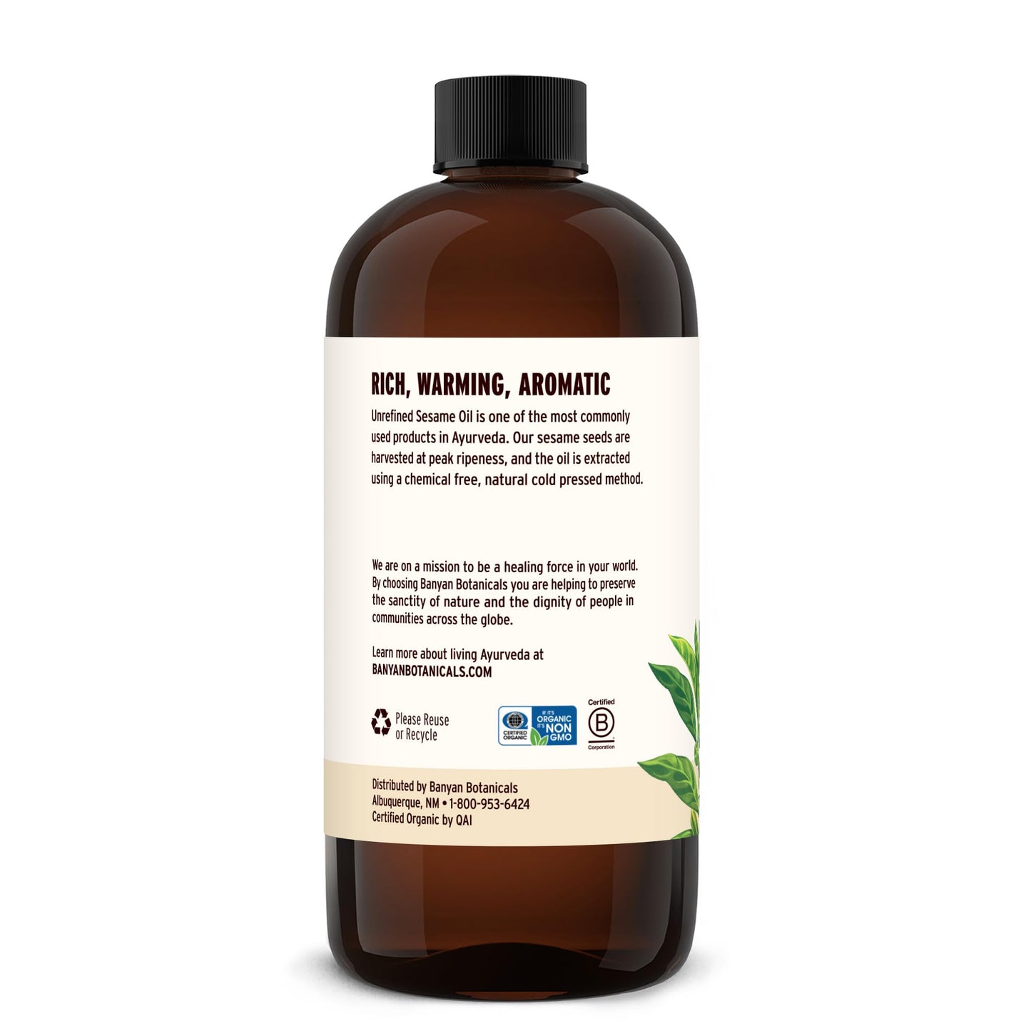 Banyan Botanicals Sesame Oil – Organic & Unrefined Ayurvedic Oil for Skin, Hair, Oil Pulling & More – Multiple Sizes – 16oz. – Non GMO Sustainably Sourced Vegan