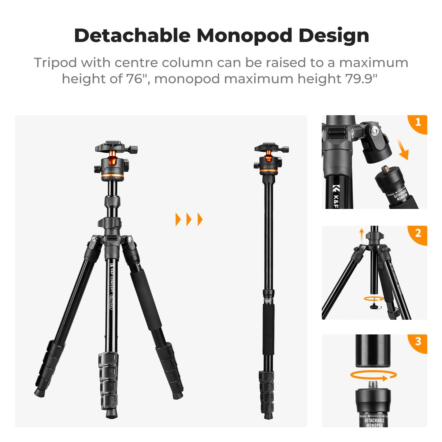 K&F Concept 75.6 inch/192cm Camera Tripod, Heavy Duty DSLR Tripods with 360 Degree Ball Head Load Capacity 8kg/17.6lbs, Detachable Monopod, Cellphone Clip for Smartphone O275A5+BH-36
