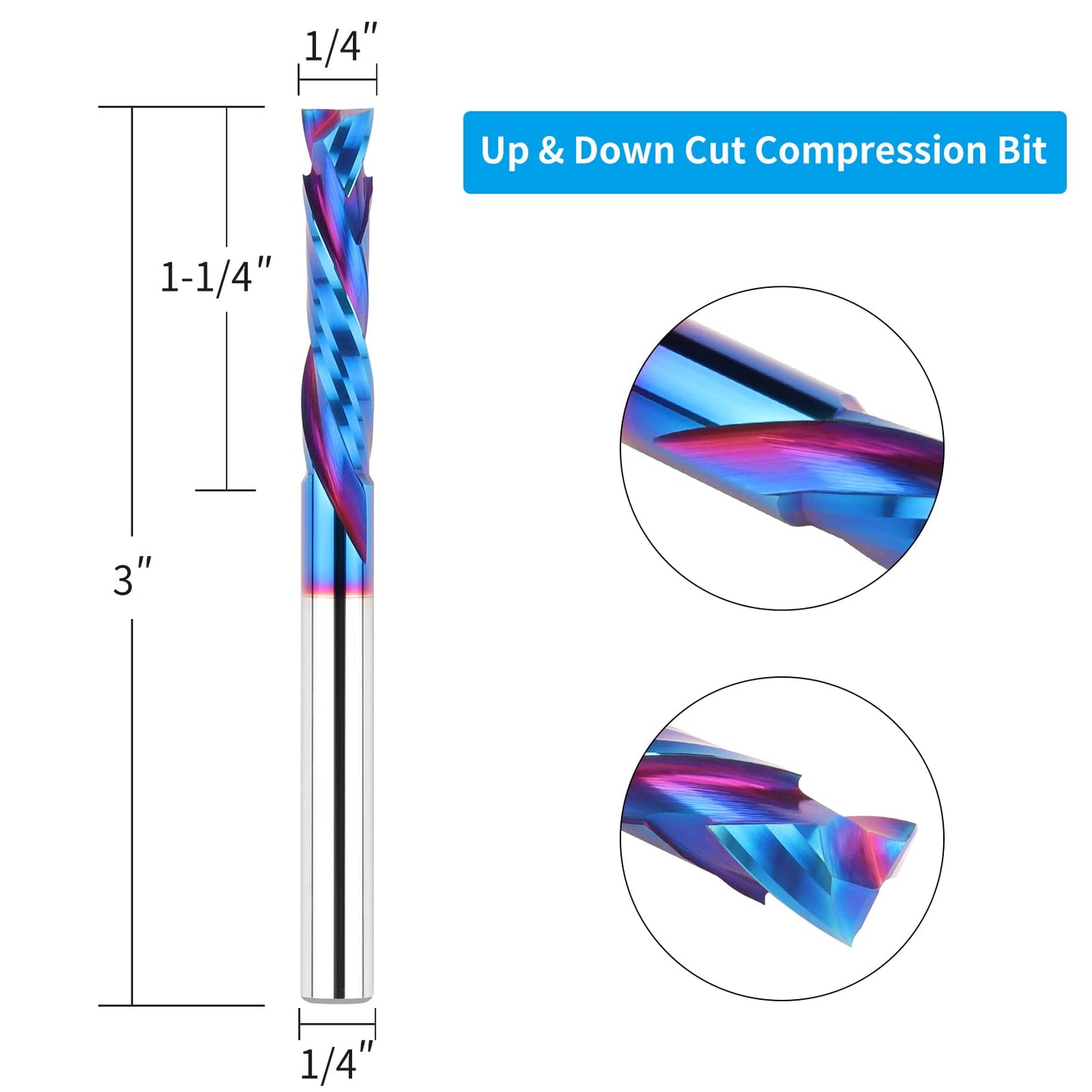 EANOSIC 5PCS Compression Spiral Router Bits 1/4" Shank,1-1/4" Cutting Length, Extra Long 3 Inch, Carbide UP Down Cut CNC Router Bits End Mill for Wood Mortises Carving Engraving