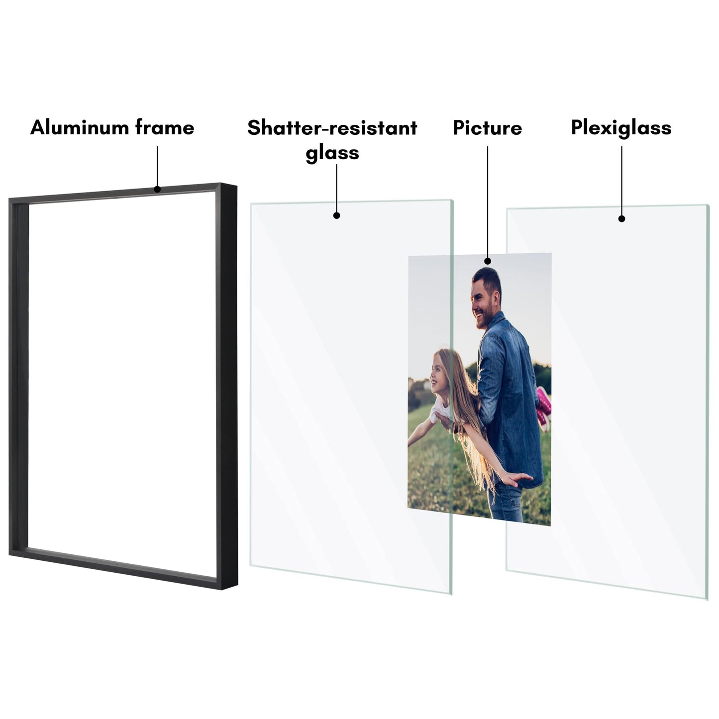 Americanflat Aluminum 16x20 Floating Picture Frame with Shatter-Resistant Glass - Use as 11x14 Picture Frame or Display 16x20 Photo - Signature Float Collection - Photo Frames for Wall Display - Black