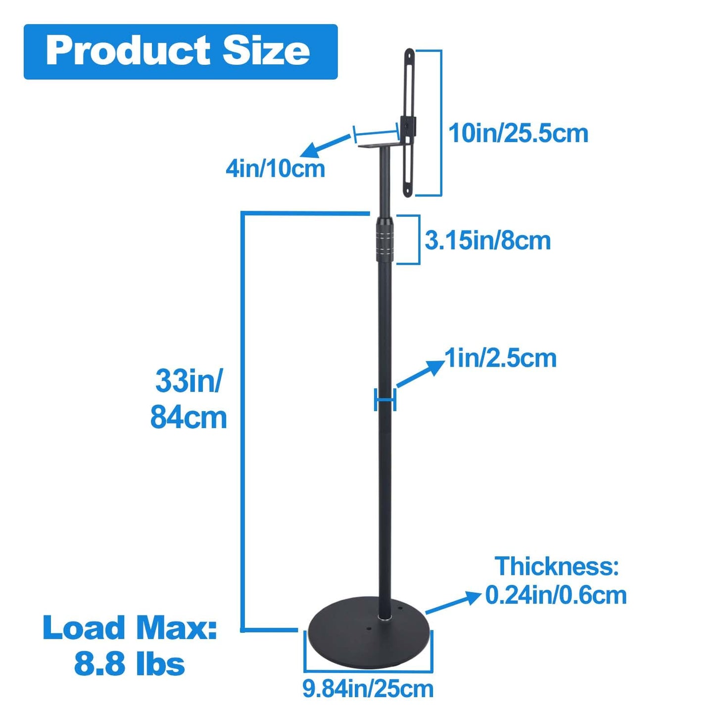 Howonder Speaker Stands,All Metal Speaker Stands Pair for Satellite & Small Bookshelf Speakers，Adjustable Height from 33" to 48",Holds up to 8.8 lbs,Easy DIY Assembly,HD-718,2 Packs,Black