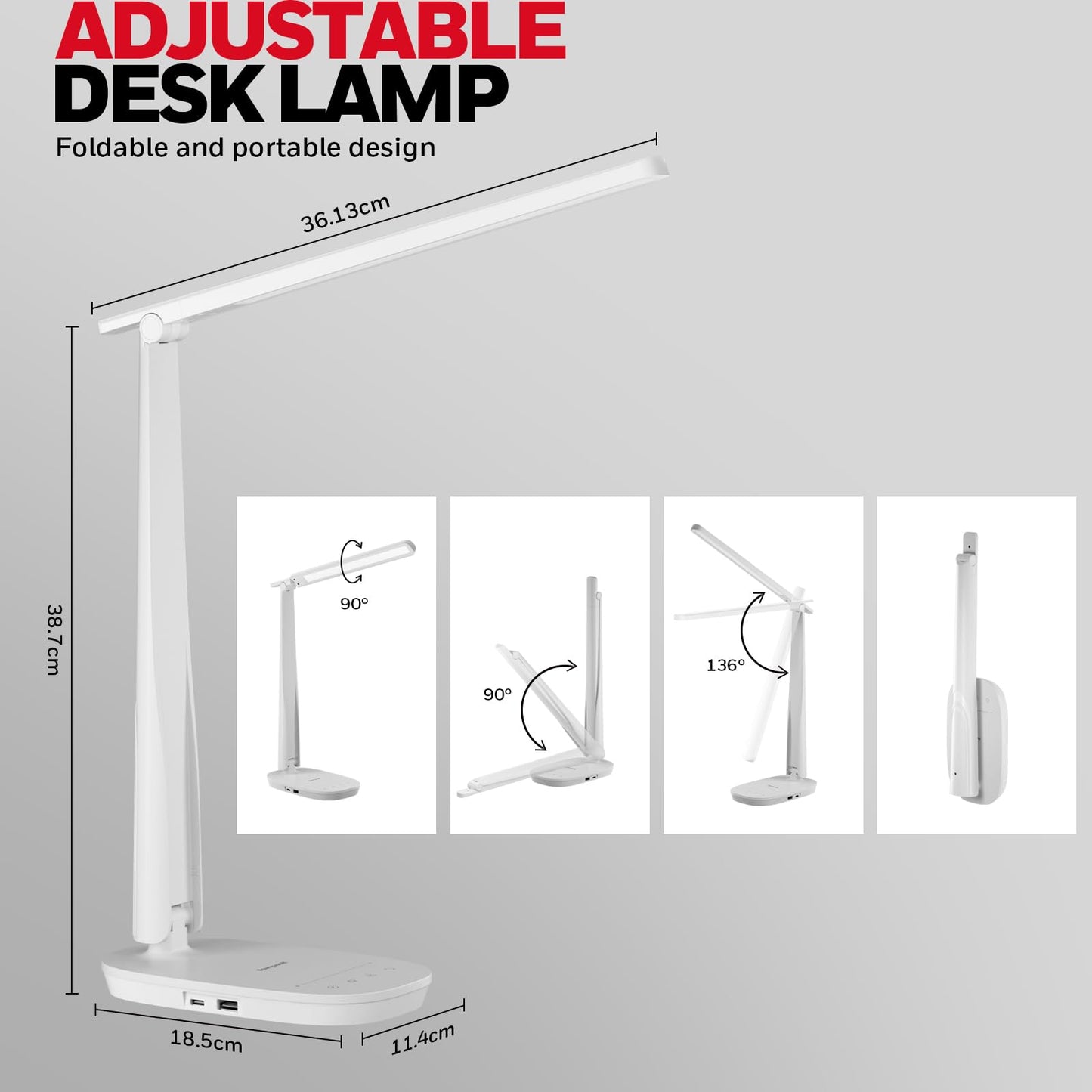 Honeywell HWT-H2 LED Desk Lamp for Home Office, CRI94 Full Spectrum Eye-Caring Light, Dimmable Table Lamp with USB-A & USB-C Charging Ports, Foldable Touch Control Reading Lamp, White