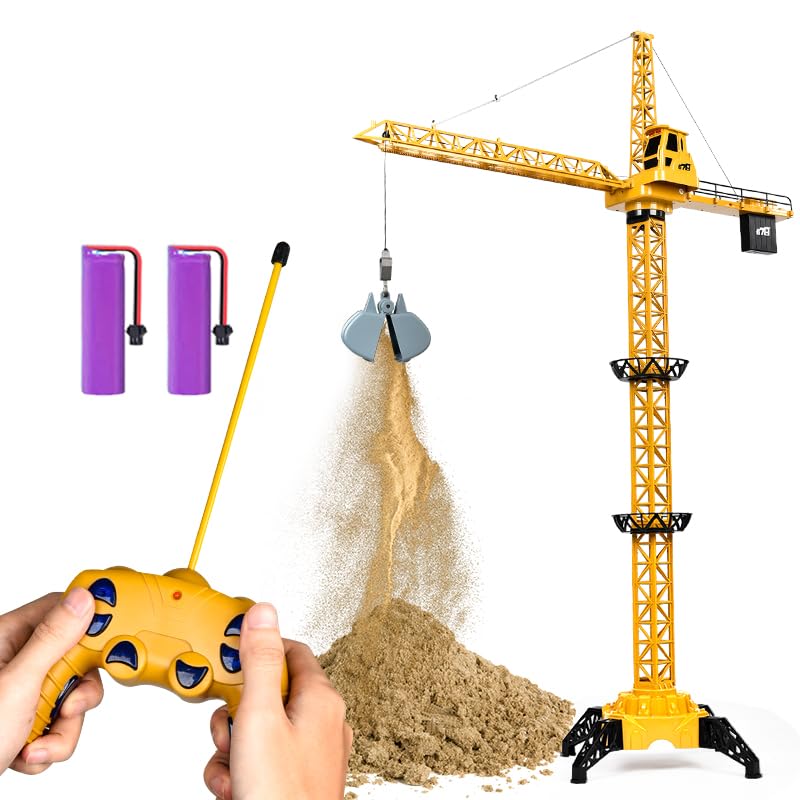 DIY Alloy 4 Channel RC Tower Crane for Kids - 50.4 Inches Remote Control Crane Toy with 2 Batteries, Rotating Lift Construction Vehicles with LED Lights, Excavator Toy for Ages 4,5,6,7,8 Boys & Girls