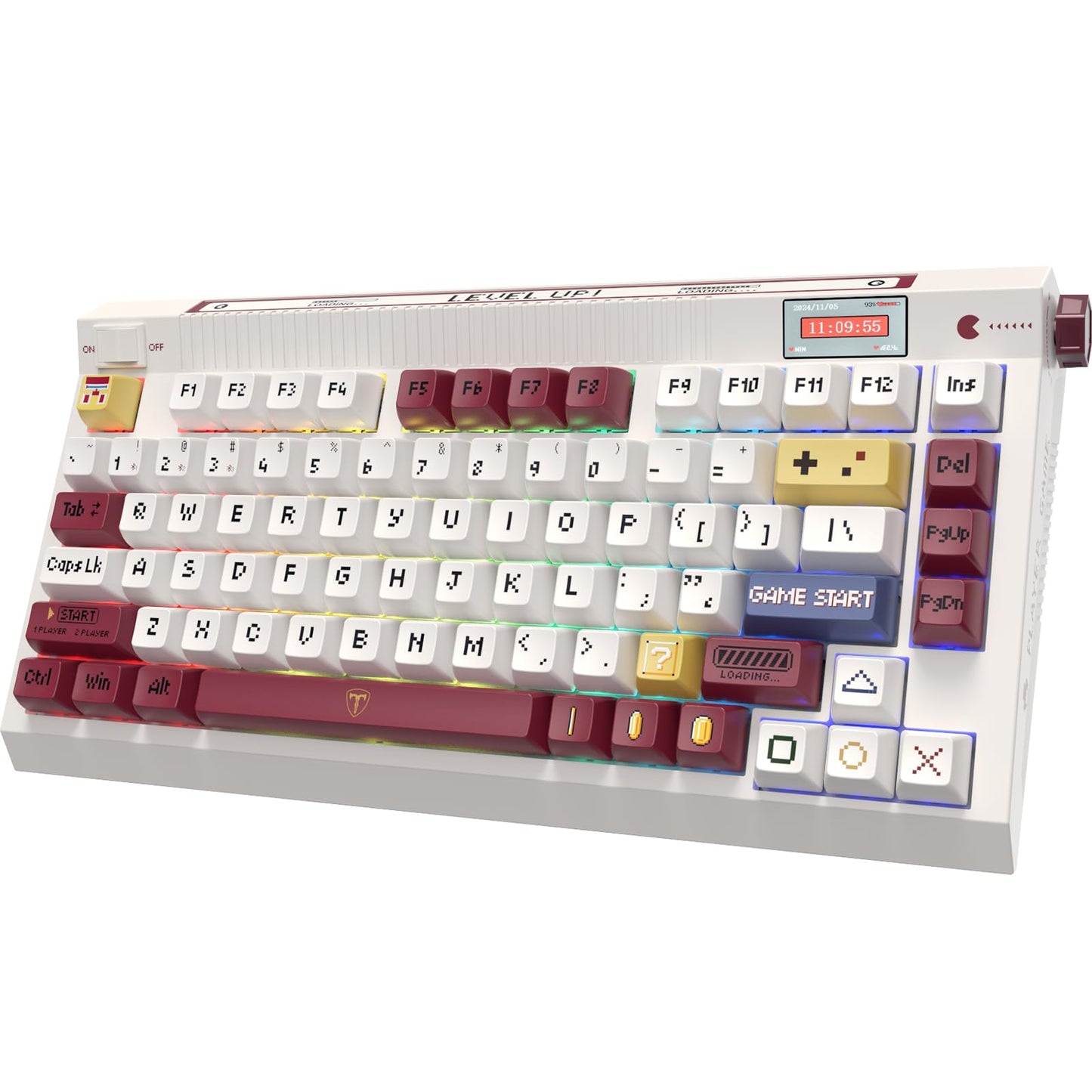 RisoPhy PC423 Wireless Creamy Keyboard with Screen & Knob, 75% 2.4G/Bluetooth/USB-C Gasket RGB Mechanical Keyboard, Hot Swappable, Five-Layer Padding & Pre-lubed Linear Switch, Retro Red and White