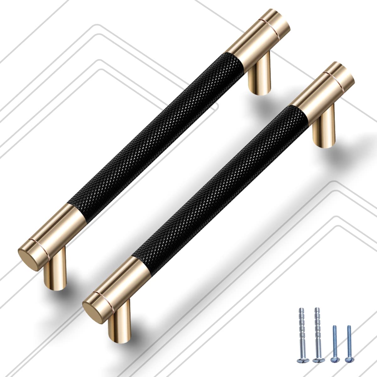 Guoharda 12 Pack 3 3/4 Inch 96 mm Knurled Cabinet Handles Cabinet Pulls Aluminum Handles Pulls Gold and Black Oxidation Finish with Diamond Pattern 5" Length (3.75" Hole Center)