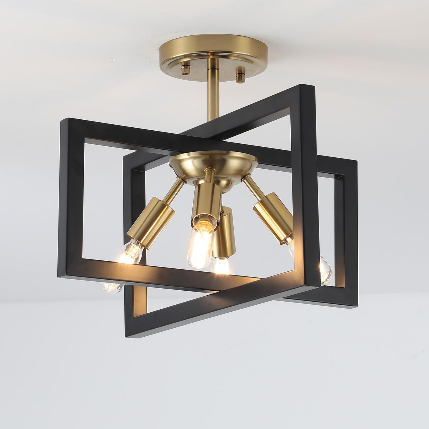 Minyuco Semi-Flush Mount Ceiling Light - Modern Industrial Light Fixture Black and Gold,4-Light Candelabra Lighting Ceiling Lamp for Kitchen Foyer Entryway Hallway Bedroom Closet