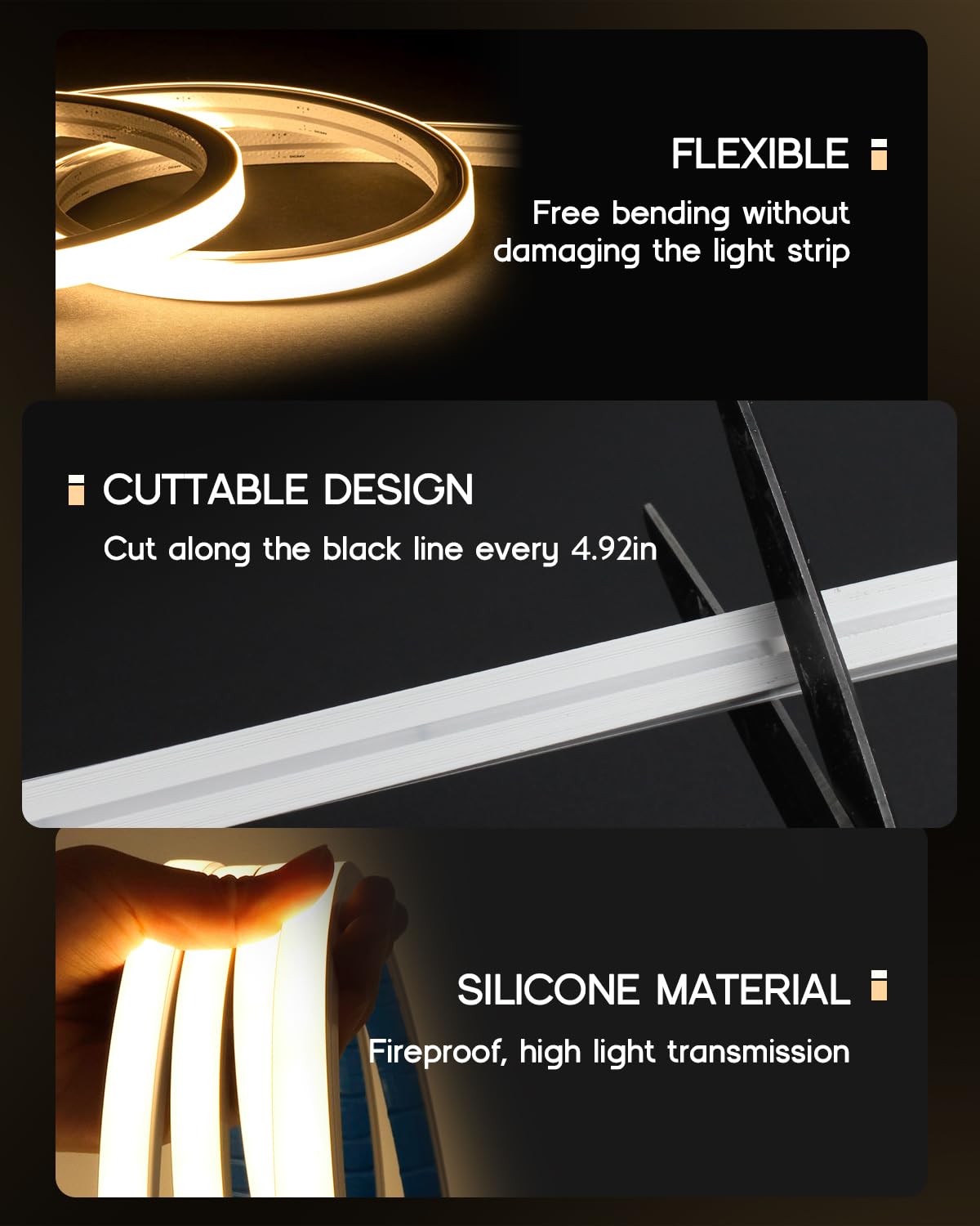 VOEWT LED Strip Lights 16.4ft 110-120V,Dimmable Silicone Neon Rope Lights,Flexible Outdoor Waterproof Neon Strip Lights for Mirror,Kitchen,Cabinet,DIY Lighting