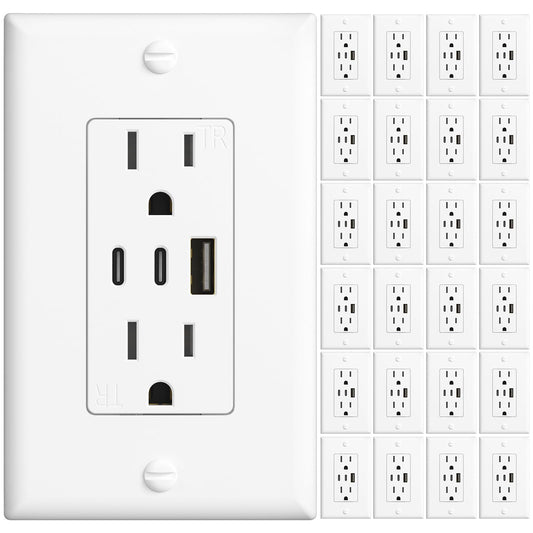 Amico 6.0A USB Outlet 24 Pack, 3-Port 30W Wall Outlets with 2 Type C & 1 Type A, 15 Amp Receptacle Plug, Tamper Resistant Receptacle, Wall Plate Included, ETL Listed, White
