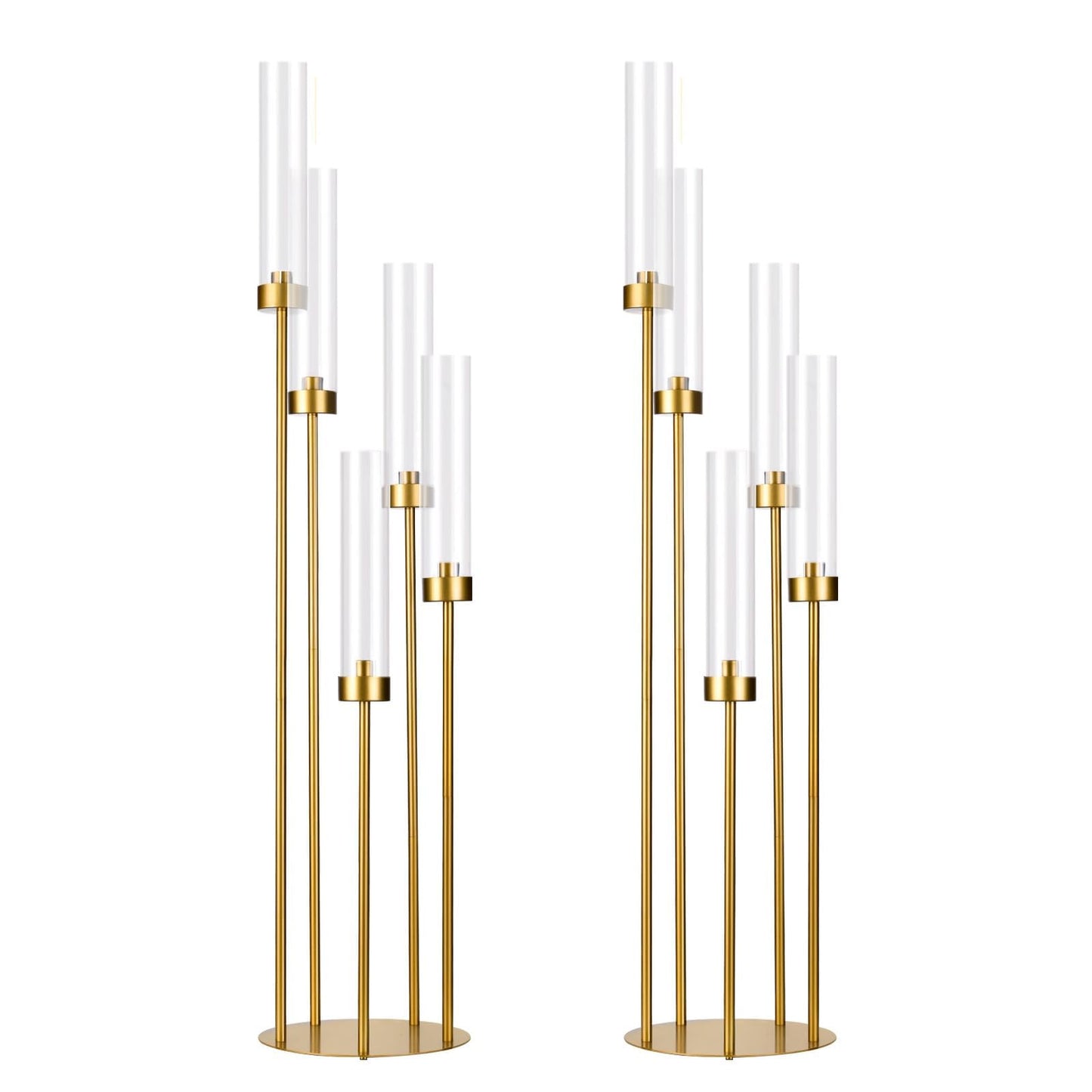 2PCS Gold Floor Candelabra,5 Arm Candle Holder Tall Floor Candle Holder with Acrylic Lampshade for Wedding Table Birthday Party Home Decoration Fit LED Taper Candles