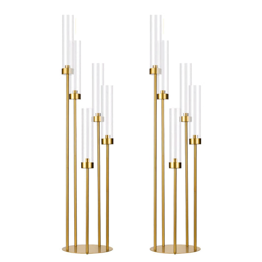 2PCS Gold Floor Candelabra,5 Arm Candle Holder Tall Floor Candle Holder with Acrylic Lampshade for Wedding Table Birthday Party Home Decoration Fit LED Taper Candles