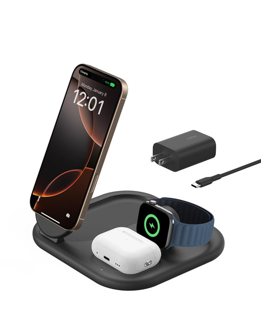 Belkin 3-in-1 MagSafe-Compatible iPhone Charger 15W, Foldable Magnetic Qi2-Certified Wireless Charging Station for iPhone 16, Apple Watch Series 10, AirPods 4, and More, w/Non-Slip Base & PSU - Black
