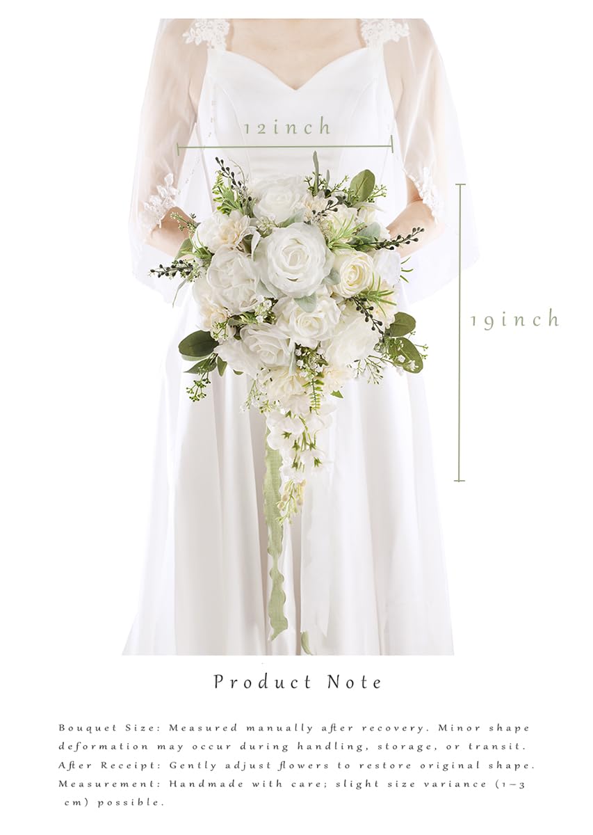 Floinla 12 Inch Cascade Wedding Bouquets for Bride, Ivory & Champagne Cascading Bridal Bouquet for Wedding Silk Artificial Flowers